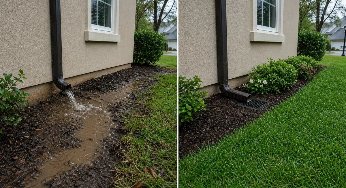 Before-and-after view of downspout runoff damaging an Augusta-style yard and the same landscape restored after drainage correction